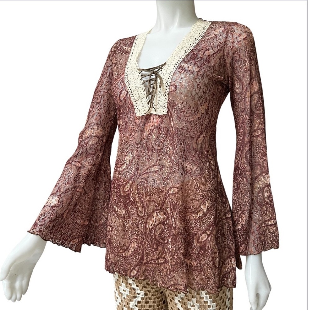Vtg 90s Bisou Bisou Paisley Lace‎ Bell Sleeve Top Boho S Whitchy Whimsygoth USA - Picture 10 of 17